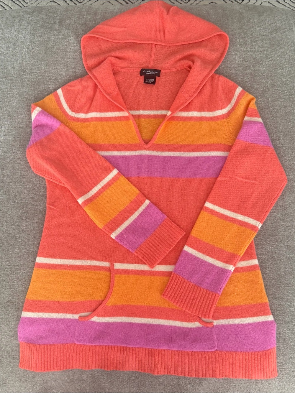 Lord & Taylor 100% Cashmere Striped Hoodie Sweater V-Neck Kangaroo Pocket $325